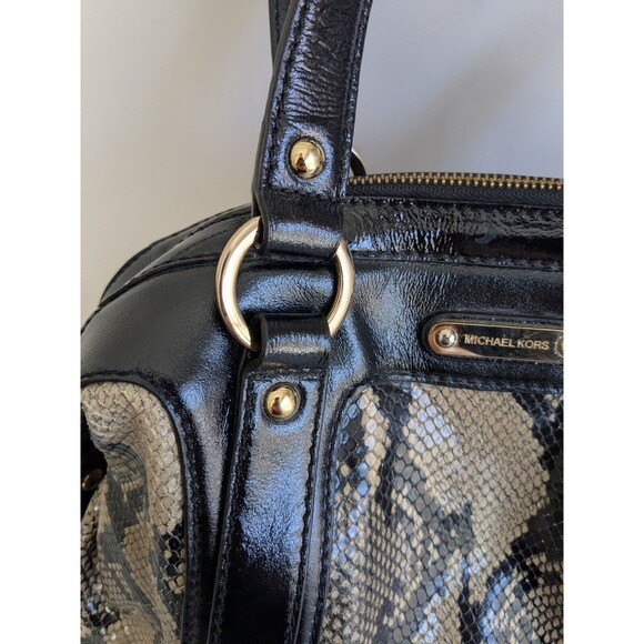 Michael Kors Honey Black Patent Leather Snake Python Embossed Tote Shoulder Bag - Picture 4 of 16